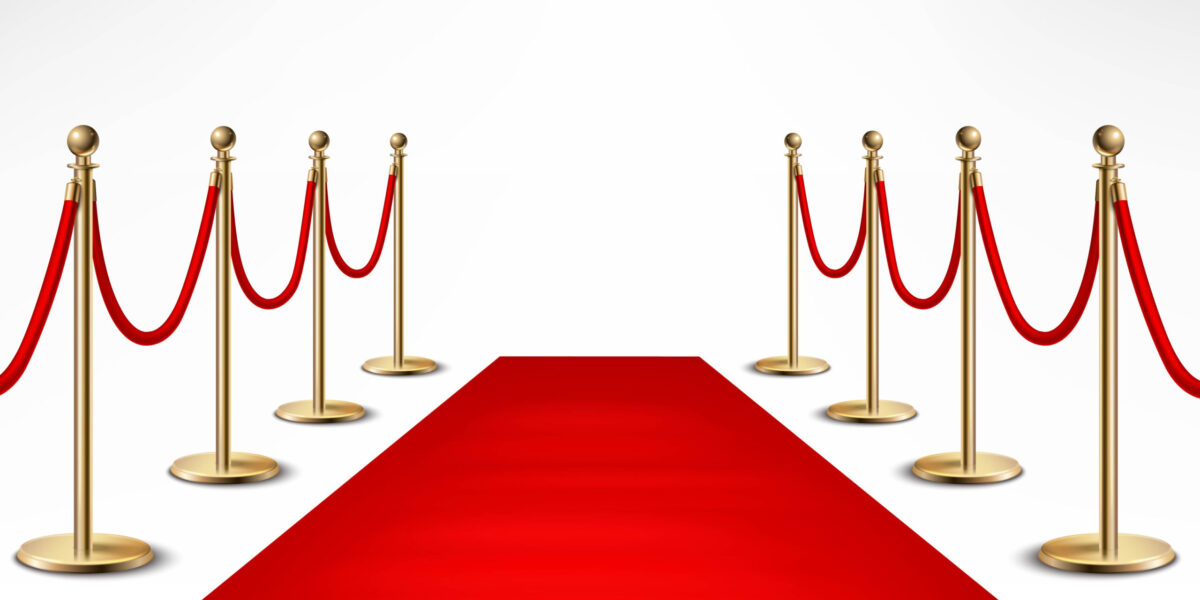 Red carpet ceremonial vip event  or head of state visit realistic image with gold barriers vector illustration